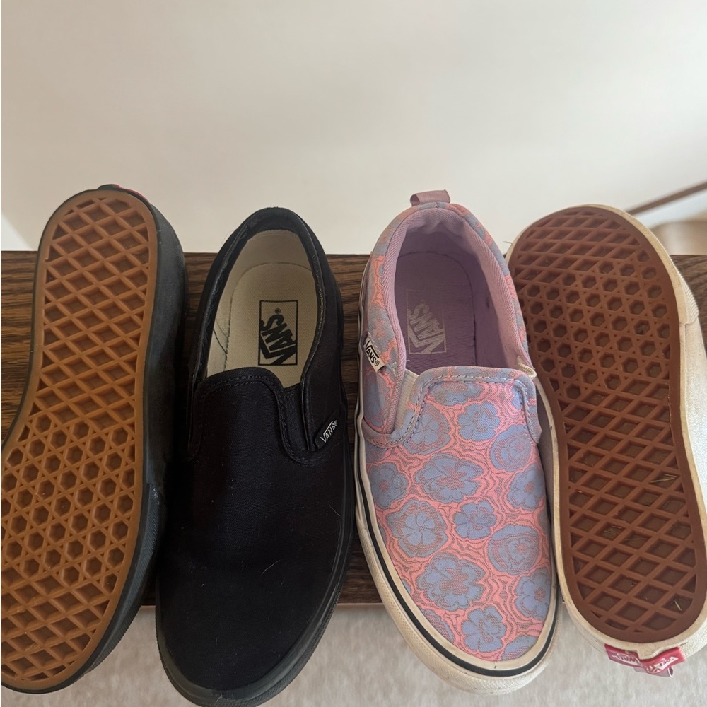 Vans Black and Pink Floral Slip-Ons
